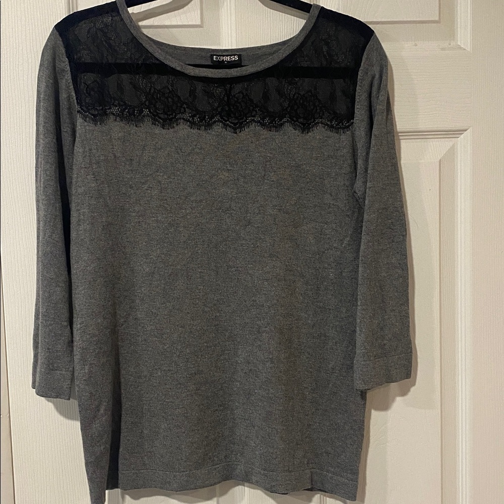 Express Gray Sweater with Black Lace Detail